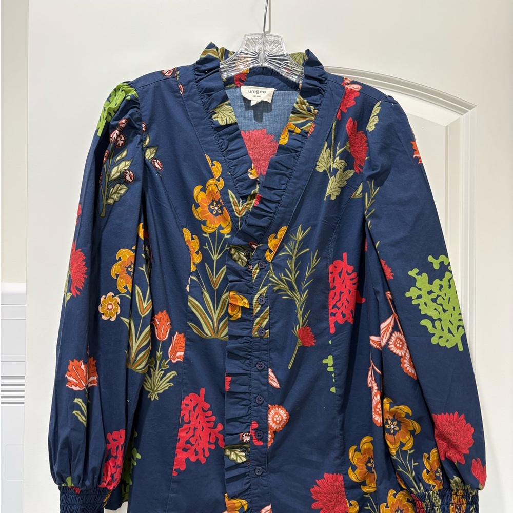 Umgee Navy Floral Blouse with Ruffle Accents